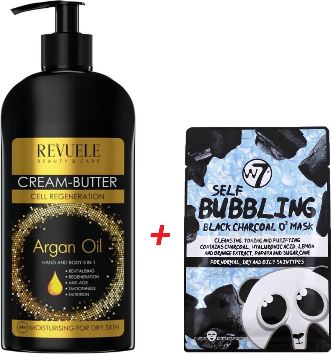 Goedkoopste Revuele Body Butter Argan Oil 400ml met Pomp GRATIS W7 Bubbling Black Charcoal Gezichtsmasker – Verzorgingsset voor Lichaam en Gezicht