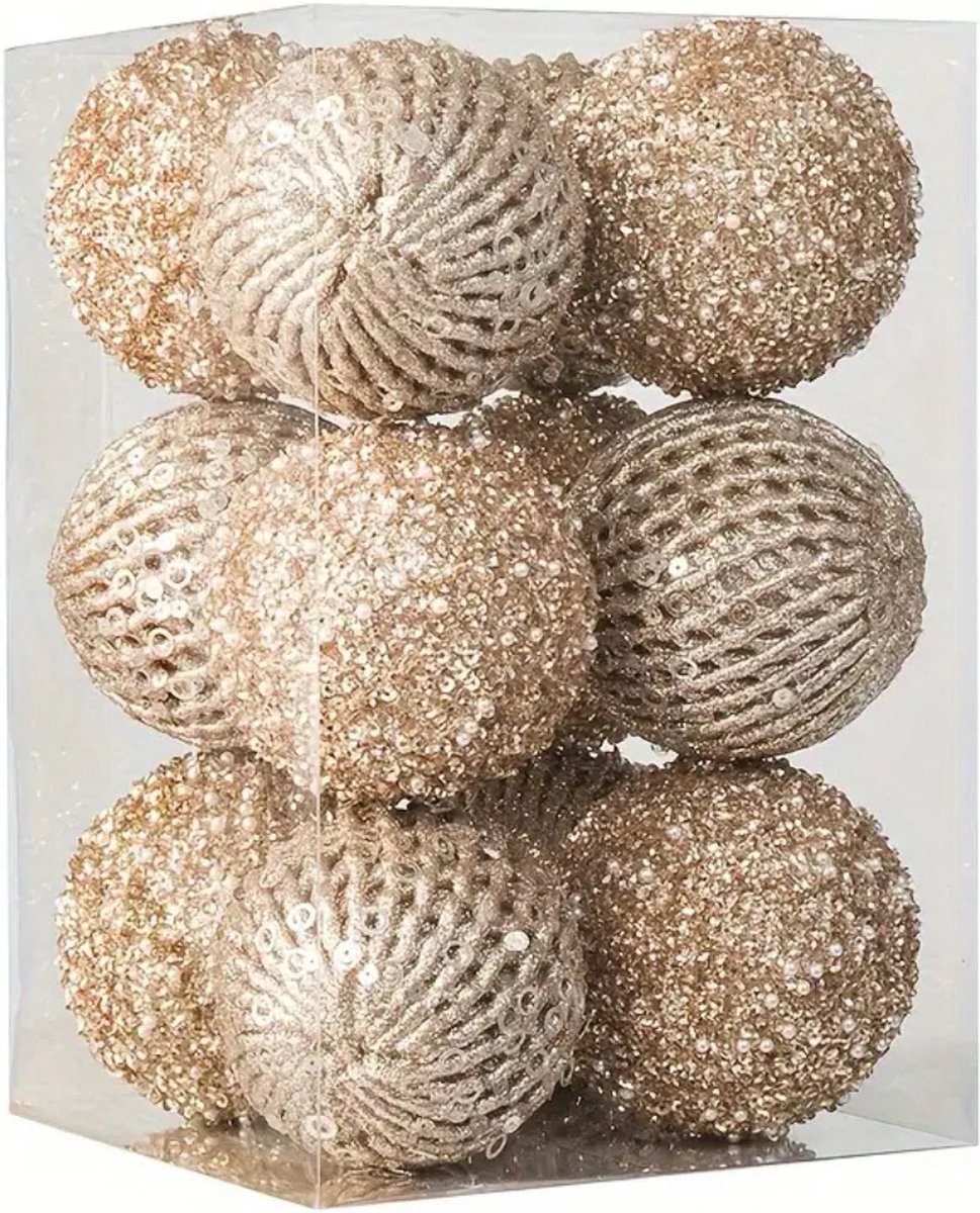 Elegante champagne en gouden plastic kerstballenset van Nivard, 12 stuks.