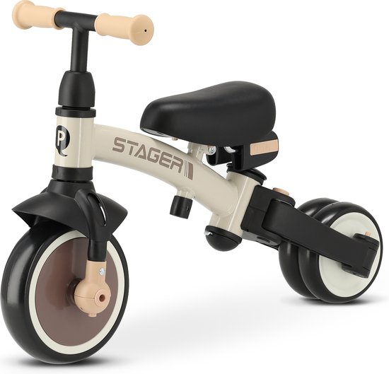 Beige kinderloopfiets 'STAGER' met zwarte en bruine accenten, beige handvatten en zadel.