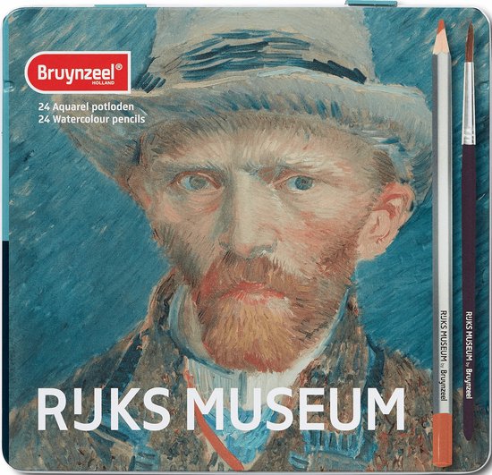 Blikken doos met Van Goghs Zelfportret, en een aquarelpotlood en penseel.