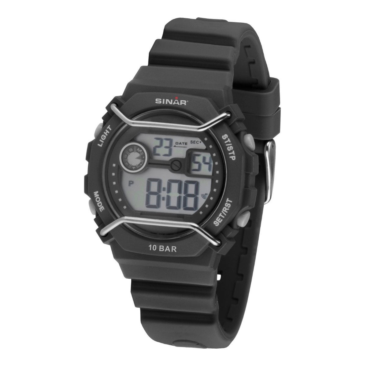 Sinar Horloge - Digitaal - Kind - Jeugd - Zwart - Details in Grijs - 10 Bar Waterdicht - Ø 40 mm - Verstelbaar Bandje (14-19,5 cm) - Alarm - Stopwatch - Timer - Quartz - XE69-1