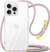 Hoesje met koord geschikt voor iPhone 16 Pro Transparant - Doorzichtig Shockproof hoesje voor iPhone 16 Pro met Lanyard - iPhone 16 Pro Hoesje Transparant - Telefoonkoord - Roze