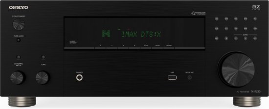 Onkyo TX-RZ30 AV-receiver, zwart met zilverkleurige knoppen en draaiknop, display toont 'IMAX DTS:X'.