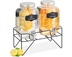 drankdispenser met houder - glas - set van 2 - met kraantje - infuser - label