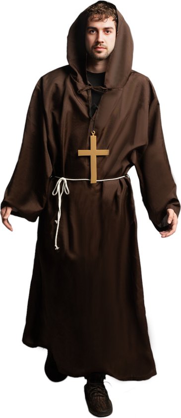 Costume de prêtre Partychimp pour homme , Déguisements pour homme , Déguisements de prêtre pour Halloween - Polyester - Tunique 3 pièces avec capuche/croix/ceinture en corde - Taille XL/2XL