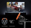 Zwart racefietsstuur met versnellingspook en voetpedalen, gefotografeerd naast een tv met racegame, met weergave van 7 zuignappen en C-type klem.