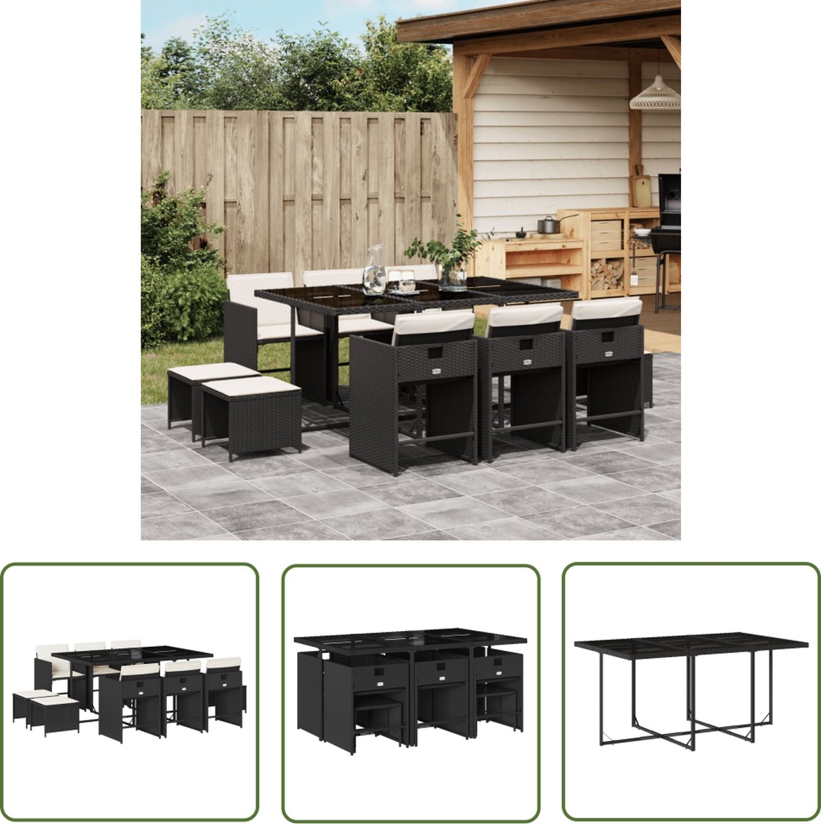 The Living Store 11-delige Tuinset met kussens poly rattan zwart - Tuinmeubels - Buitenkamer - Eetgroep - Patio Set - Lounge Set