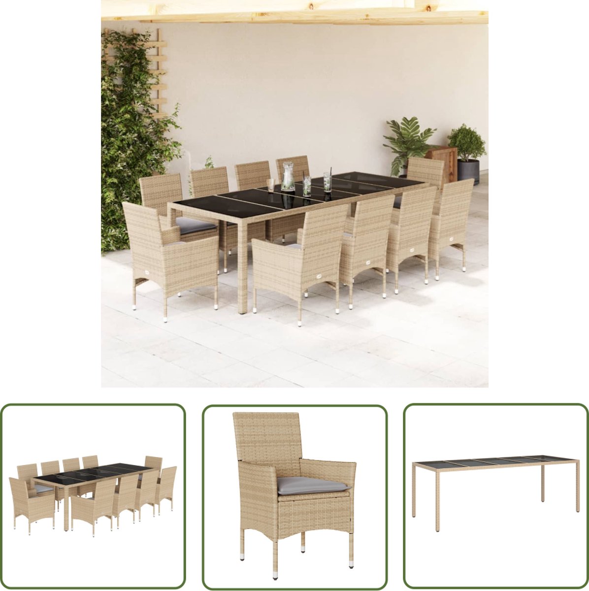 The Living Store 11-delige Tuinset met kussens poly rattan en glas beige - Tuinsets - Buisensets - Eetkamer Sets - Outdoor Furniture - Patio Furniture