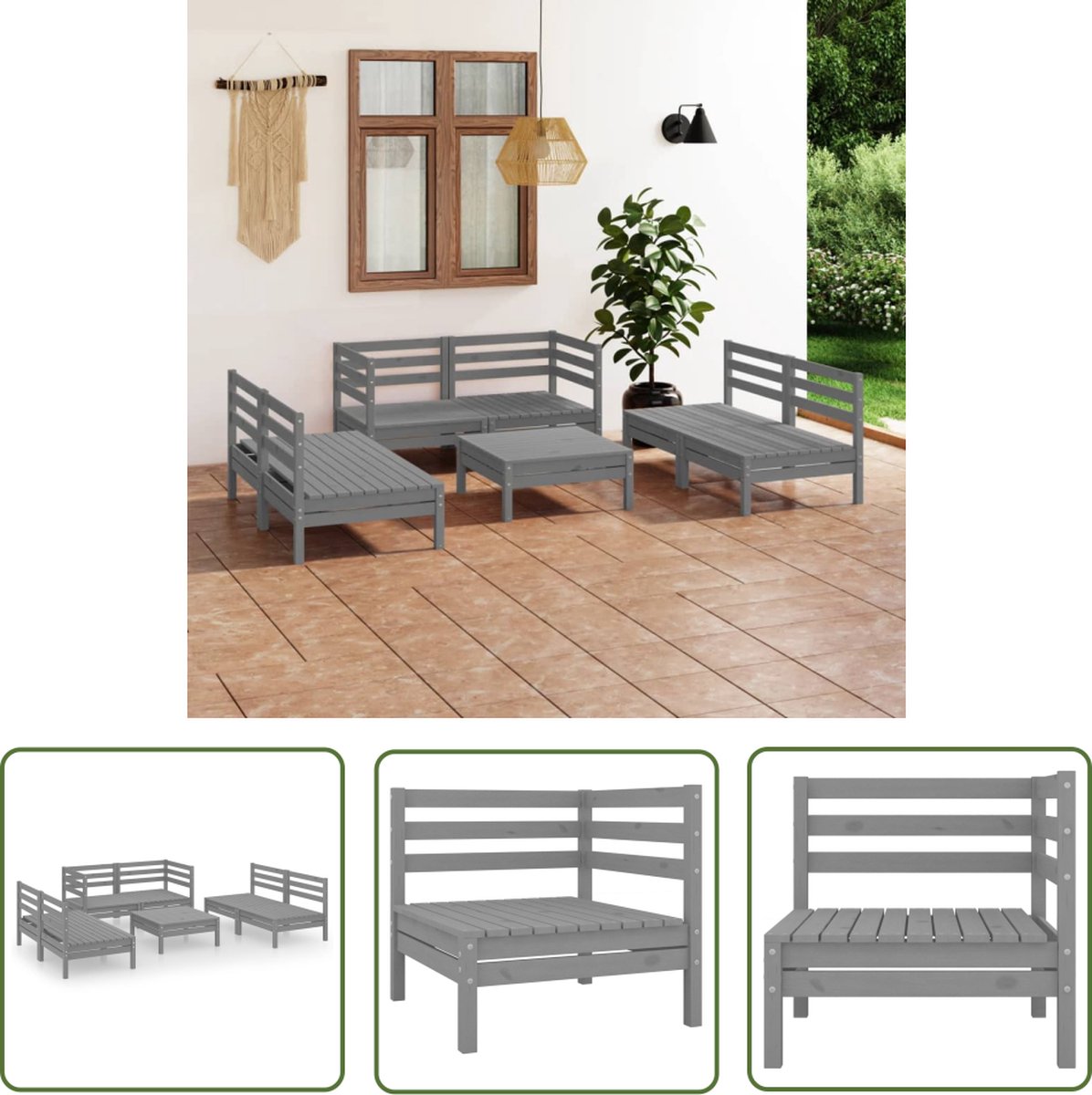 The Living Store 7-delige Loungeset massief grenenhout grijs - Loungeset - Tuinset - Houten Lounge - Buitendecor - Terrasdecor