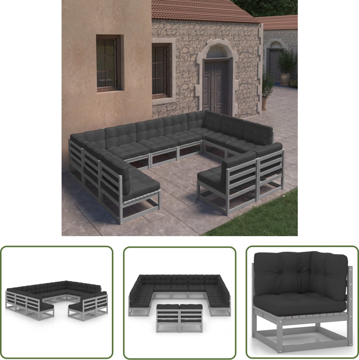 The Living Store 11-delige Loungeset met kussens massief grenenhout grijs - Tuinmeubels - Lounge Set - Houten Tuinbank - Tuinset - Grenenhout