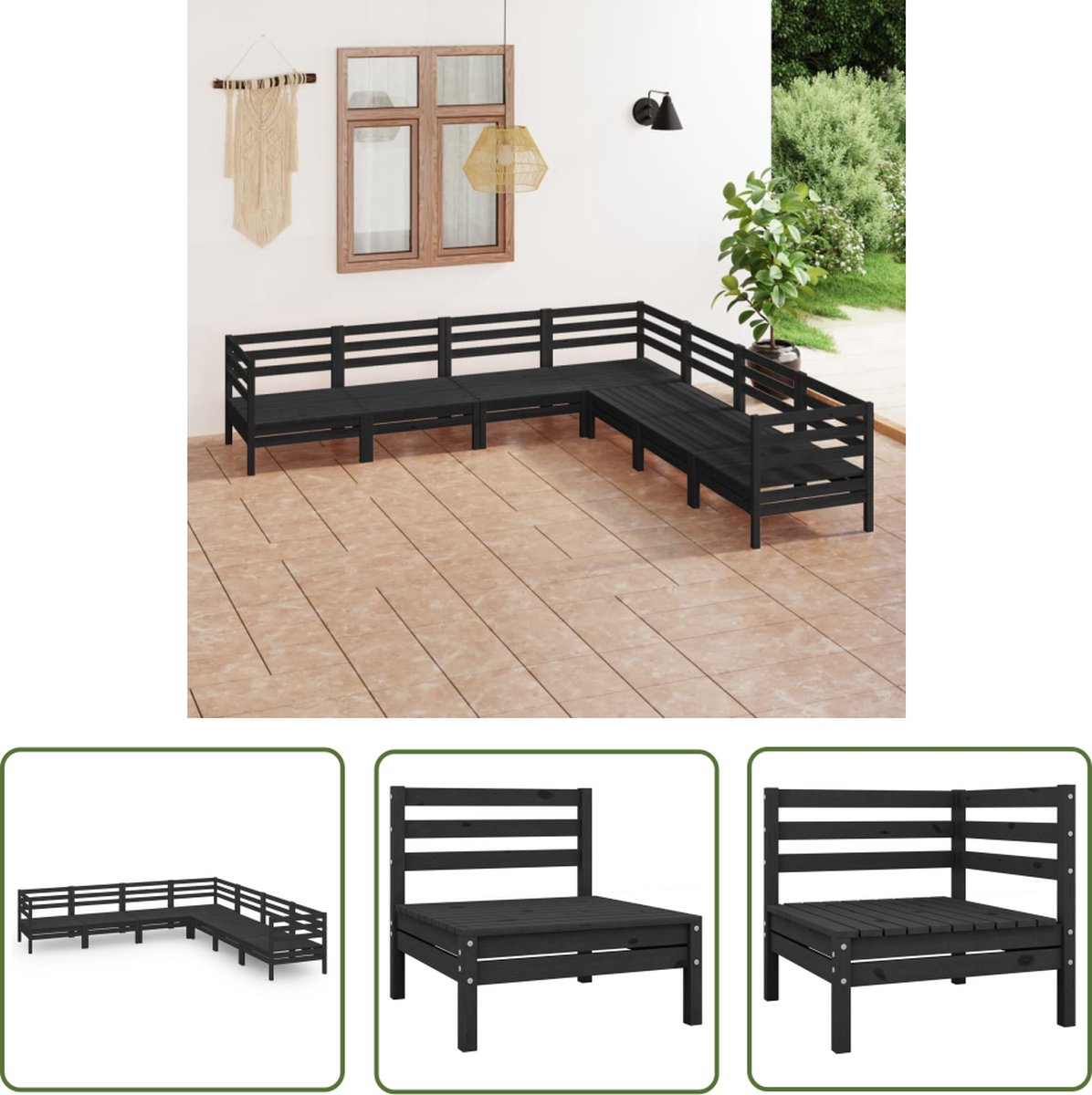 The Living Store 7-delige Loungeset massief grenenhout zwart - Loungeset - Tuinmeubles - Buitenkamer - Hout - Zwarte Lounge