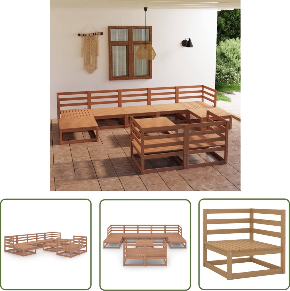 Massief grenenhouten loungeset in honingbruine kleur - tuinmeubel met bank en stoel.