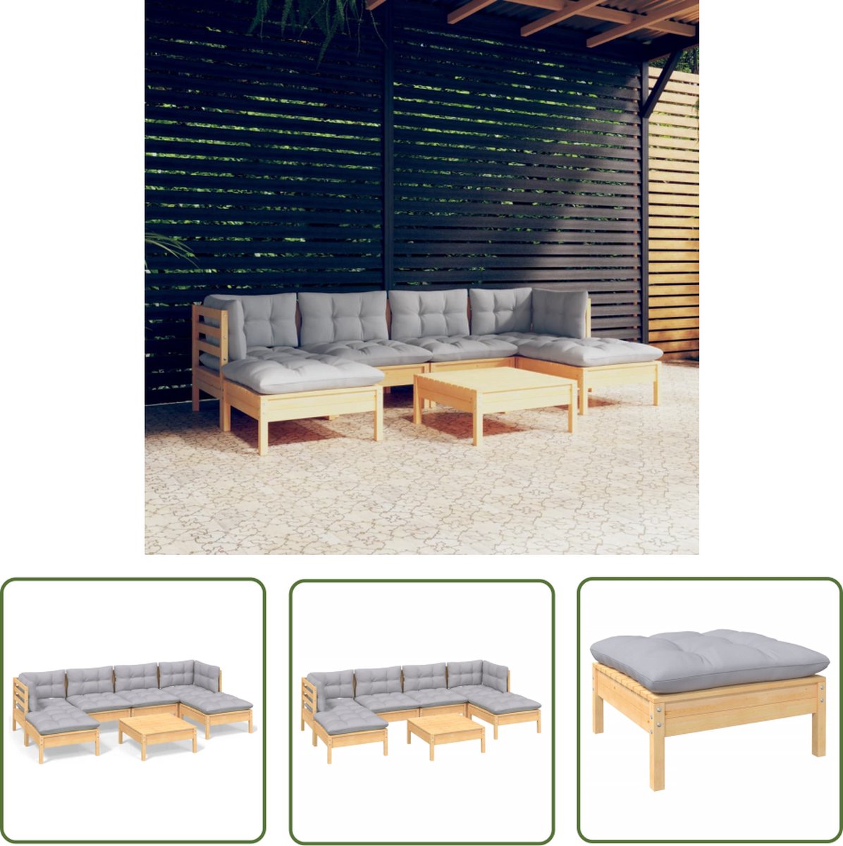 7-delige loungeset met grijze kussens, grenenhout, geschikt voor tuin.