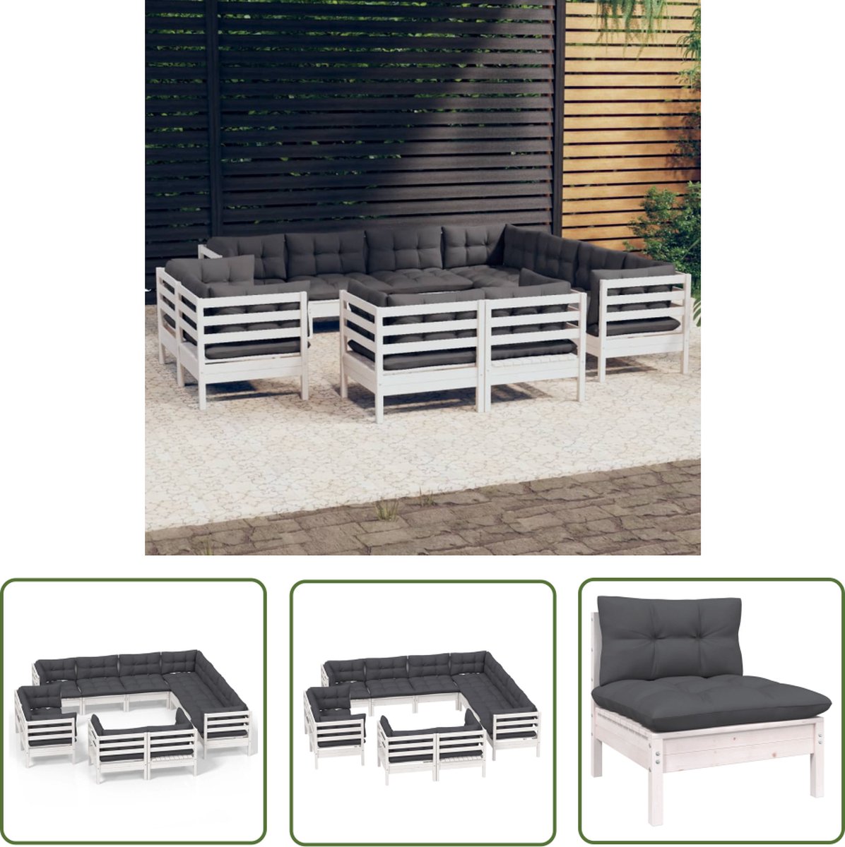 Massief grenenhouten loungeset in wit met kussens - The Living Store.