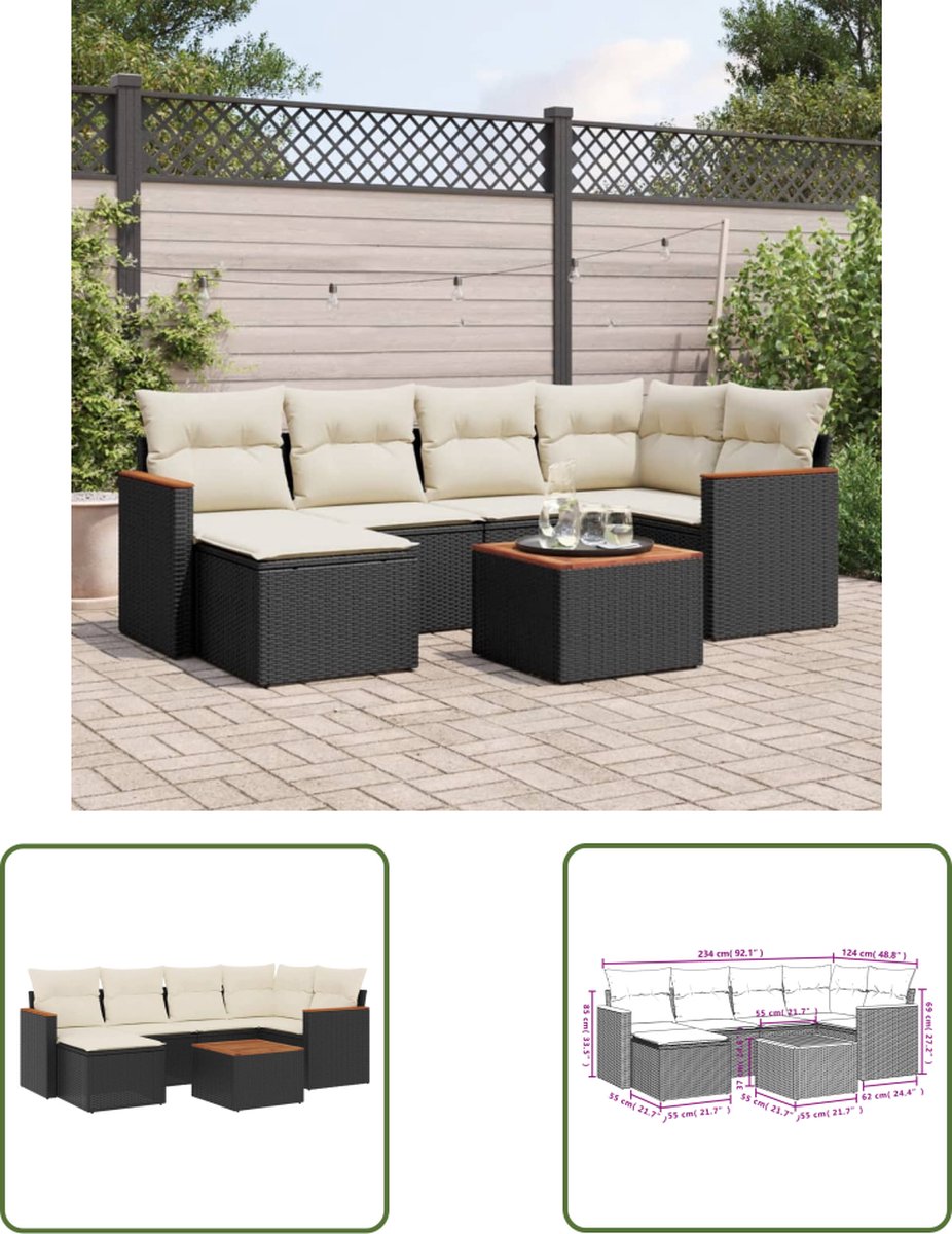 The Living Store 7-delige Loungeset met kussens poly rattan zwart - Loungeset - Tuinlounge - Lounge Set - Buitentijnen - Outdoor Furniture