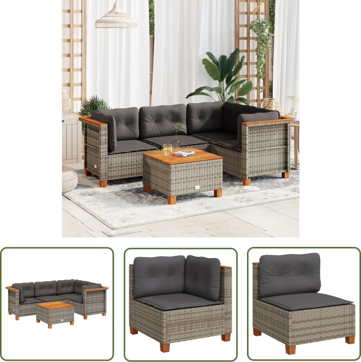 Grijze poly rattan loungeset met kussens - Buitendecoratie voor tuin.