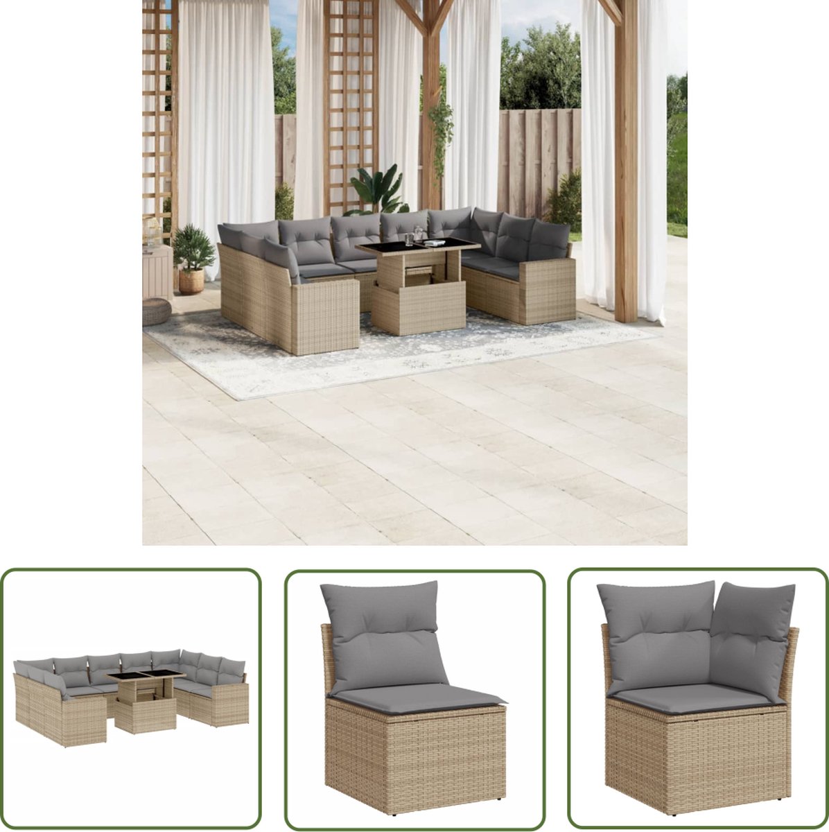 Poly rattan beige loungeset met kussens voor buiten - Tuinmeubels.