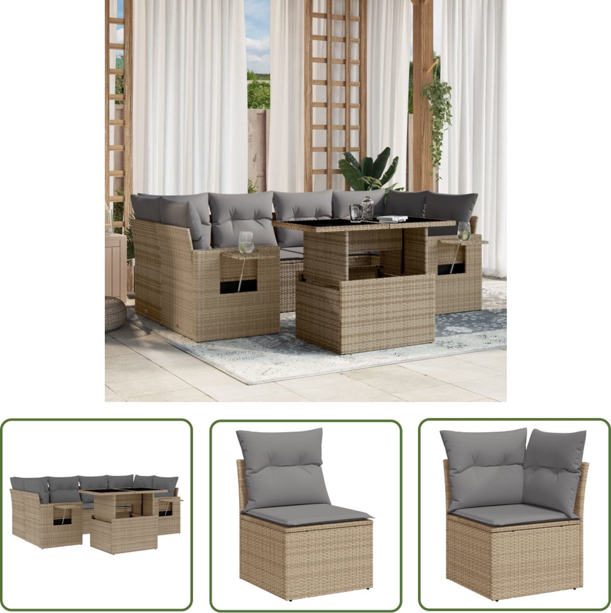 The Living Store 7-delige Loungeset met kussens poly rattan beige - Loungeset - Lounge Set - Buitendecoratie - Tuinmeubelen - Tuinlounge
