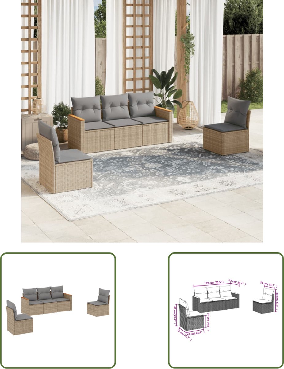 The Living Store 5-delige Loungeset met kussens poly rattan beige - Loungeset - Tuinset - Lounge Bank - Buitendecoratie - Garden Furniture
