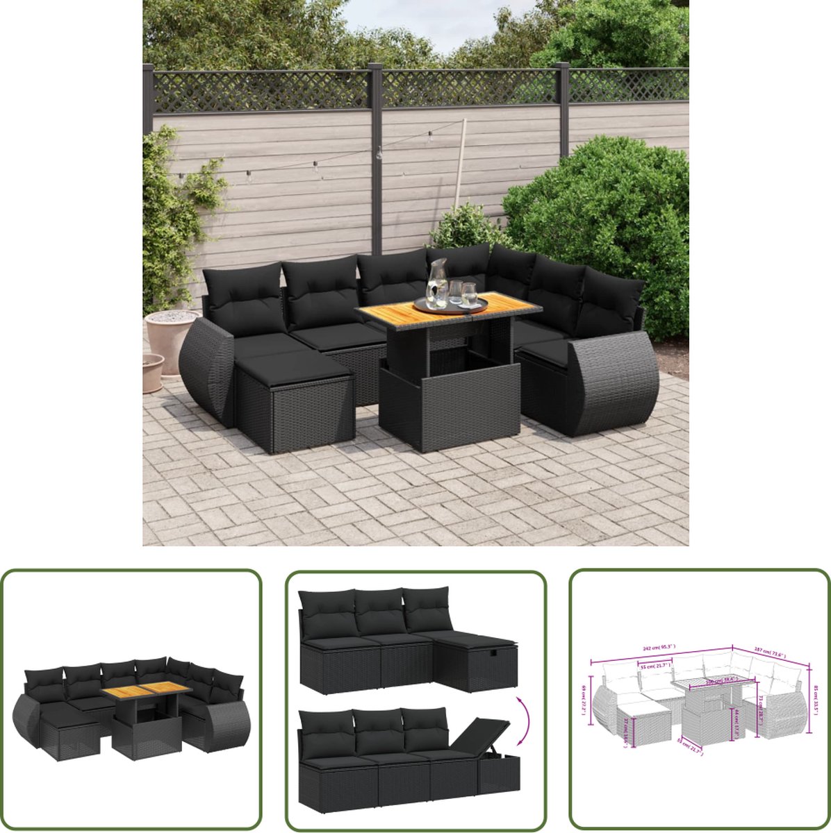 The Living Store 8-delige Loungeset met kussens poly rattan zwart - Loungeset - Tuinlounge - Lounge Set - Buitendiner - Outdoor Furniture