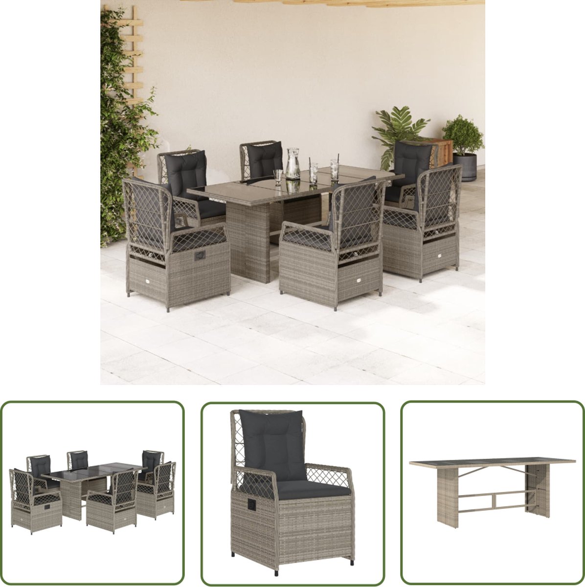 Grijze poly rattan tuinset met kussens en lounge set.