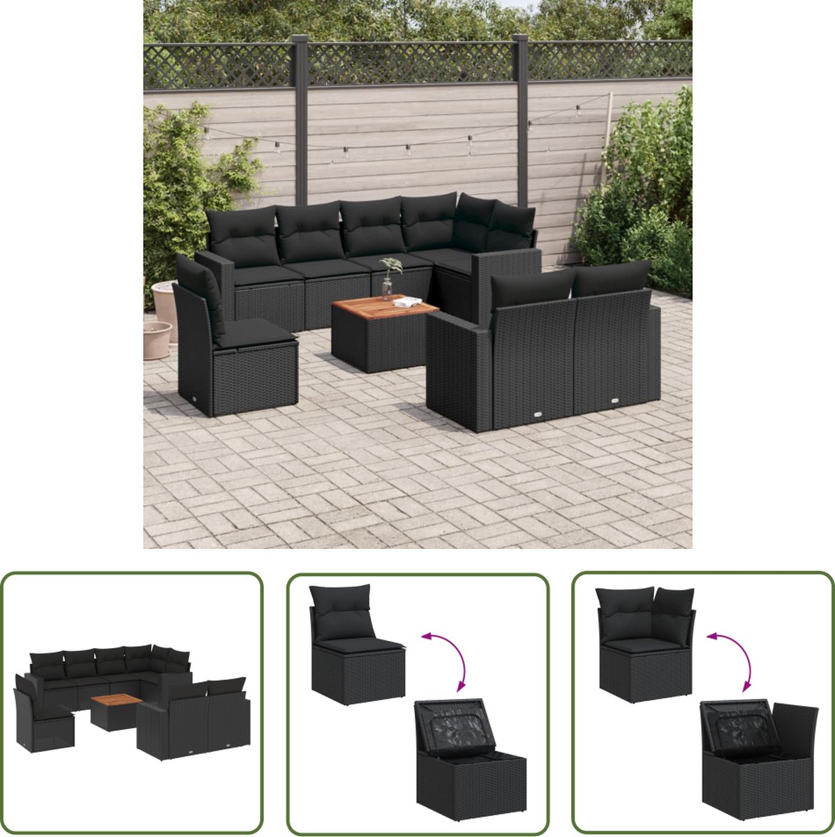 Poly rattan loungeset in zwart met kussens - The Living Store.