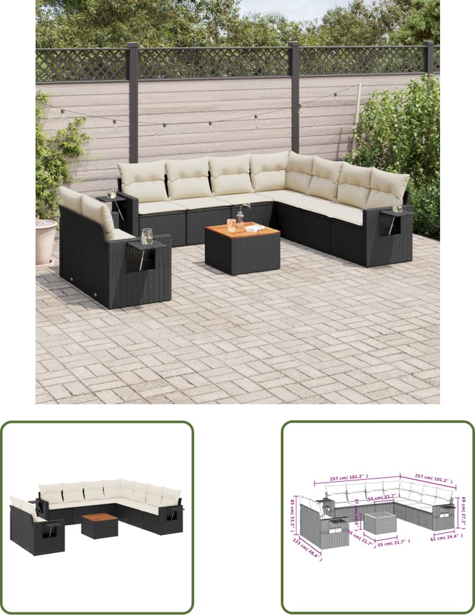 The Living Store 10-delige Loungeset met kussens poly rattan zwart - Loungeset - Tuinlounge - Lounge Set - Buitentijnen - Tuinmeubelen