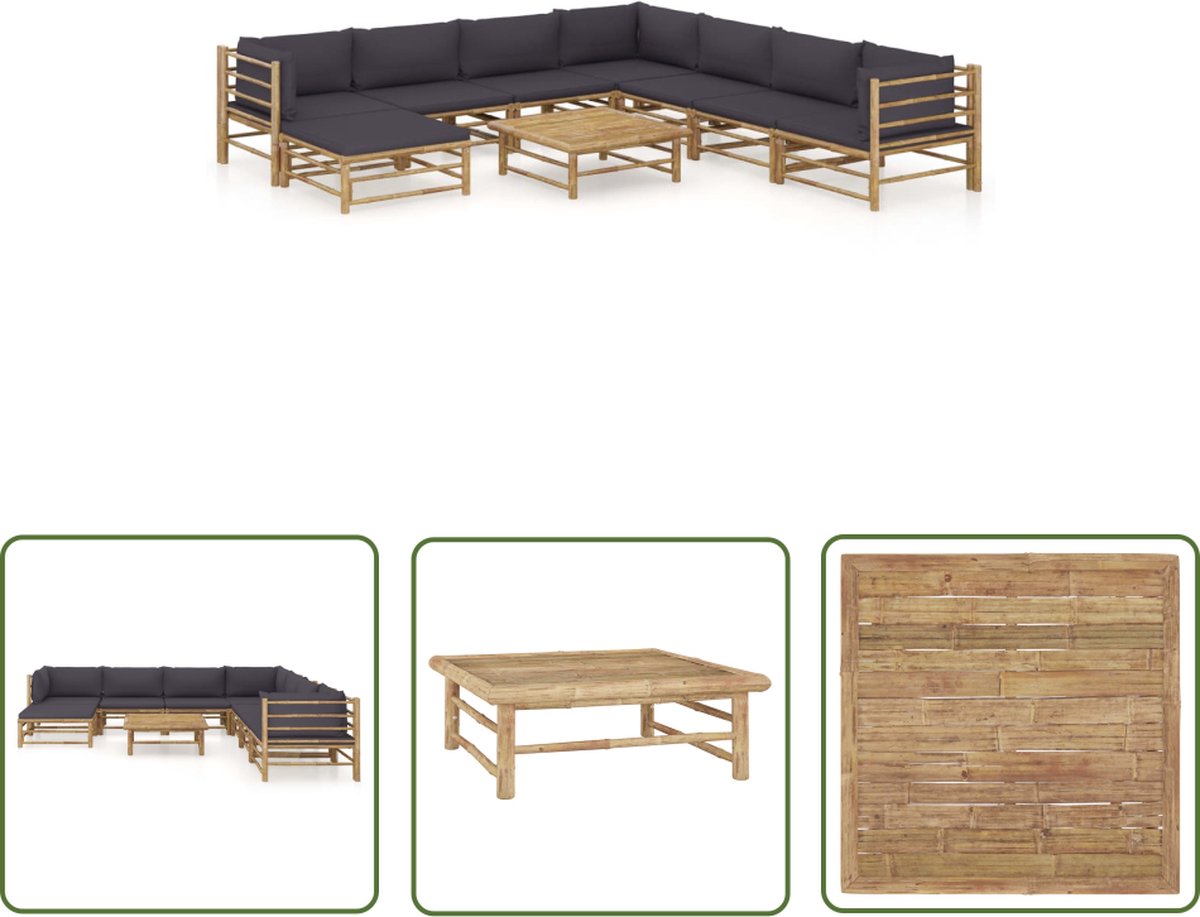 The Living Store 9-delige Loungeset met donkergrijze kussens bamboe - Bamboesalon - Loungestoel - Buitenseizoen - Tuinlounge - Comfortabele Stoffen