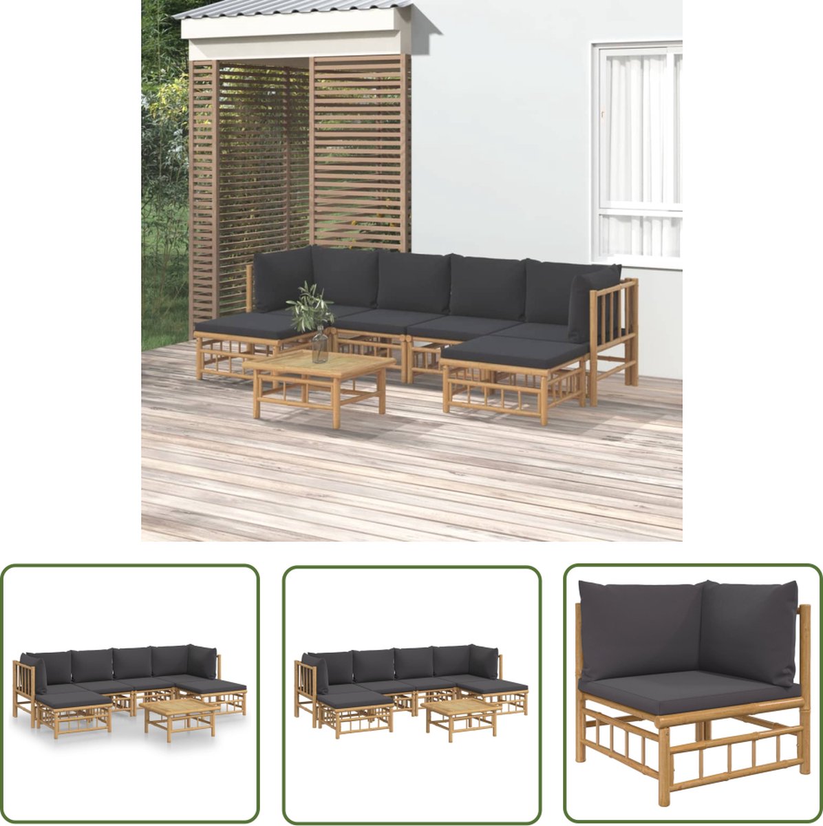 The Living Store 7-delige Loungeset met kussens bamboe donkergrijs - Bamboe Loungeset - Tuinlounge - Loungebank - Outdoor Furniture - Buitenspeelgoed