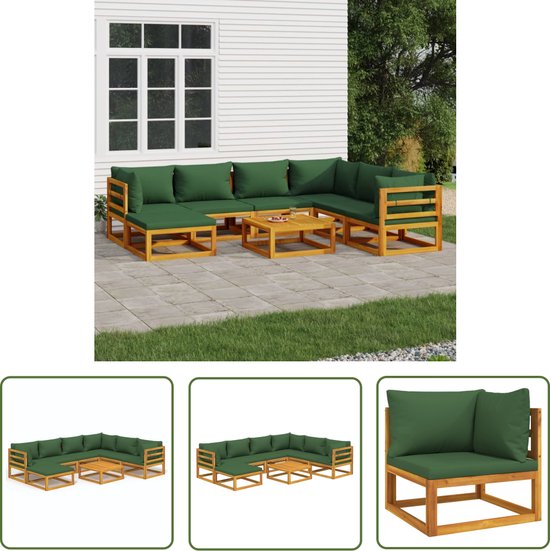Salon de Jardin The Living Store - Bois d'Acacia Massief - Conception Modulaire - Zitten Confortable - Table Pratique - Coussins Verts - Livraison Complète