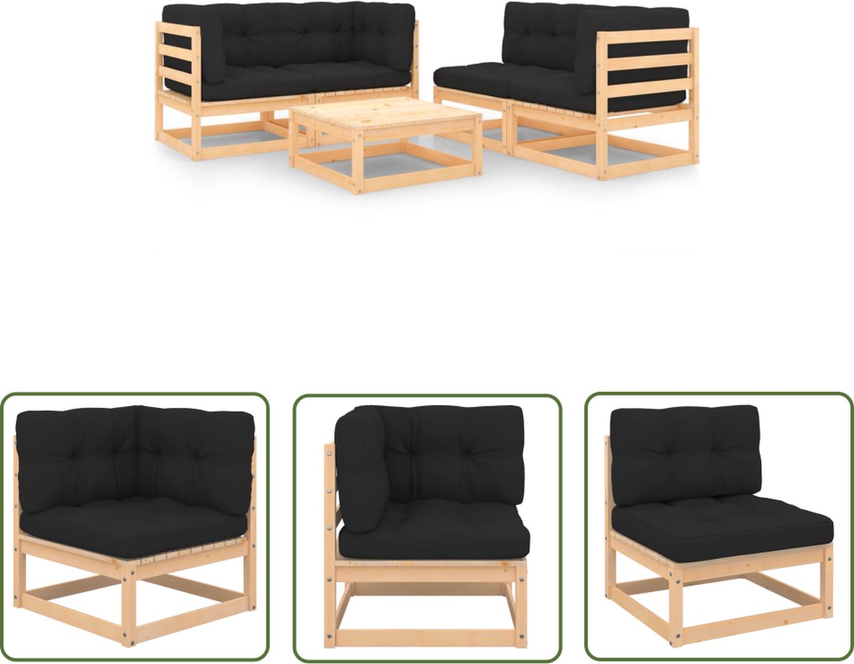 Massief grenenhouten loungeset met kussens in natuurlijke tinten.