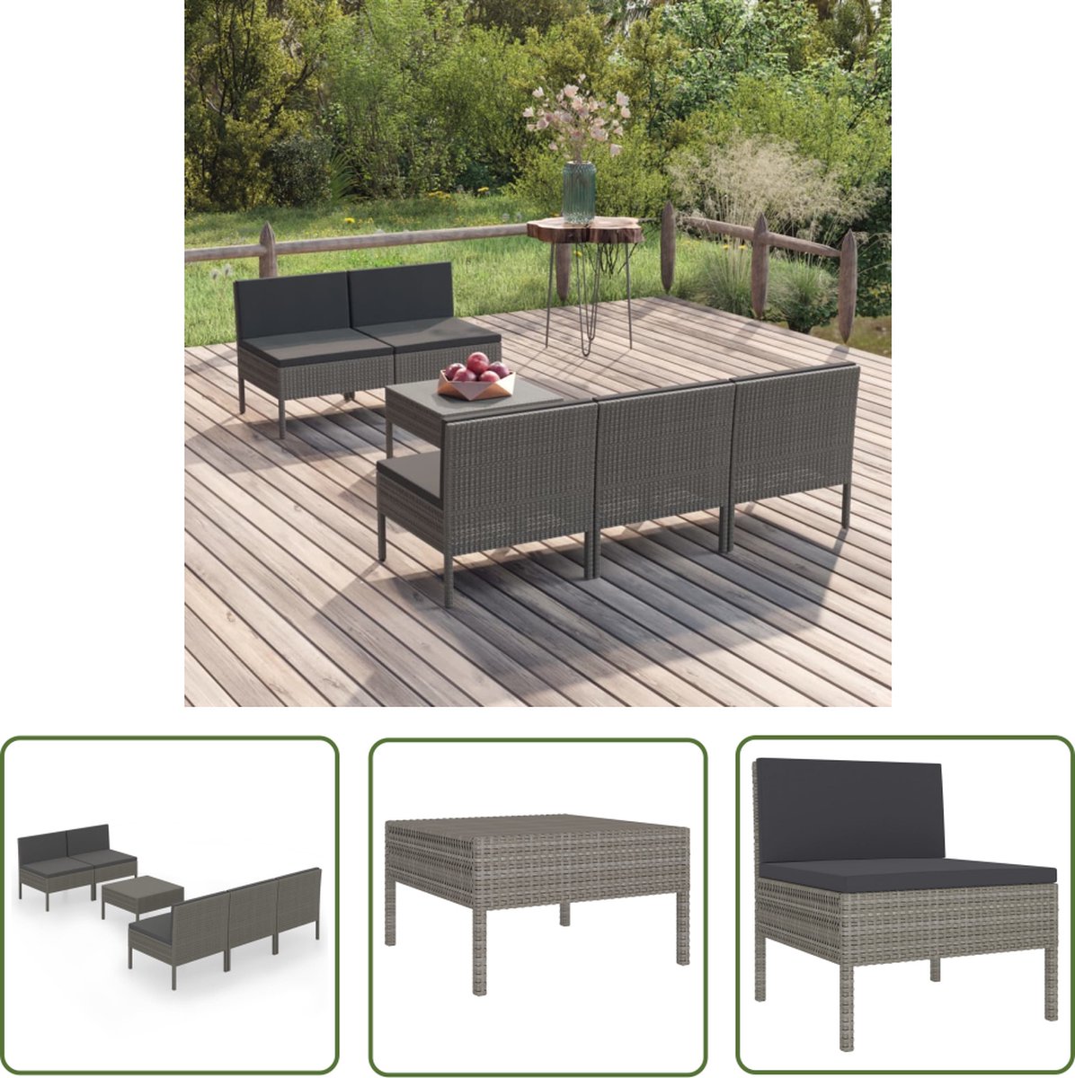 The Living Store 6-delige Loungeset met kussens poly rattan grijs - Lounge Set - Tuinset - Tuinmeubels - Loungebank - Buitendining