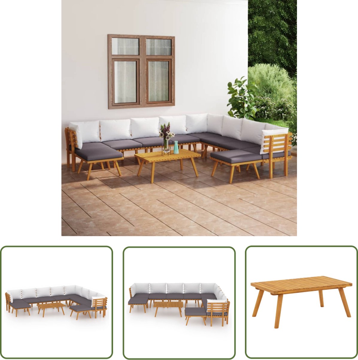 The Living Store 11-delige Loungeset met kussens massief acaciahout - Tuin Lounge Set - Lounge Set Acacia Hout - Outdoor Furniture - Teak Garden Furniture - Loungestoel