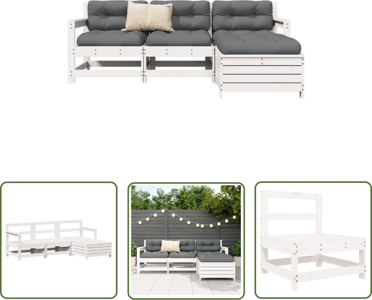 The Living Store 4-delige Loungeset massief grenenhout wit - Tuin Lounge Set - Loungebank - Buitentijnen - Hout Meubel - Garden Furniture