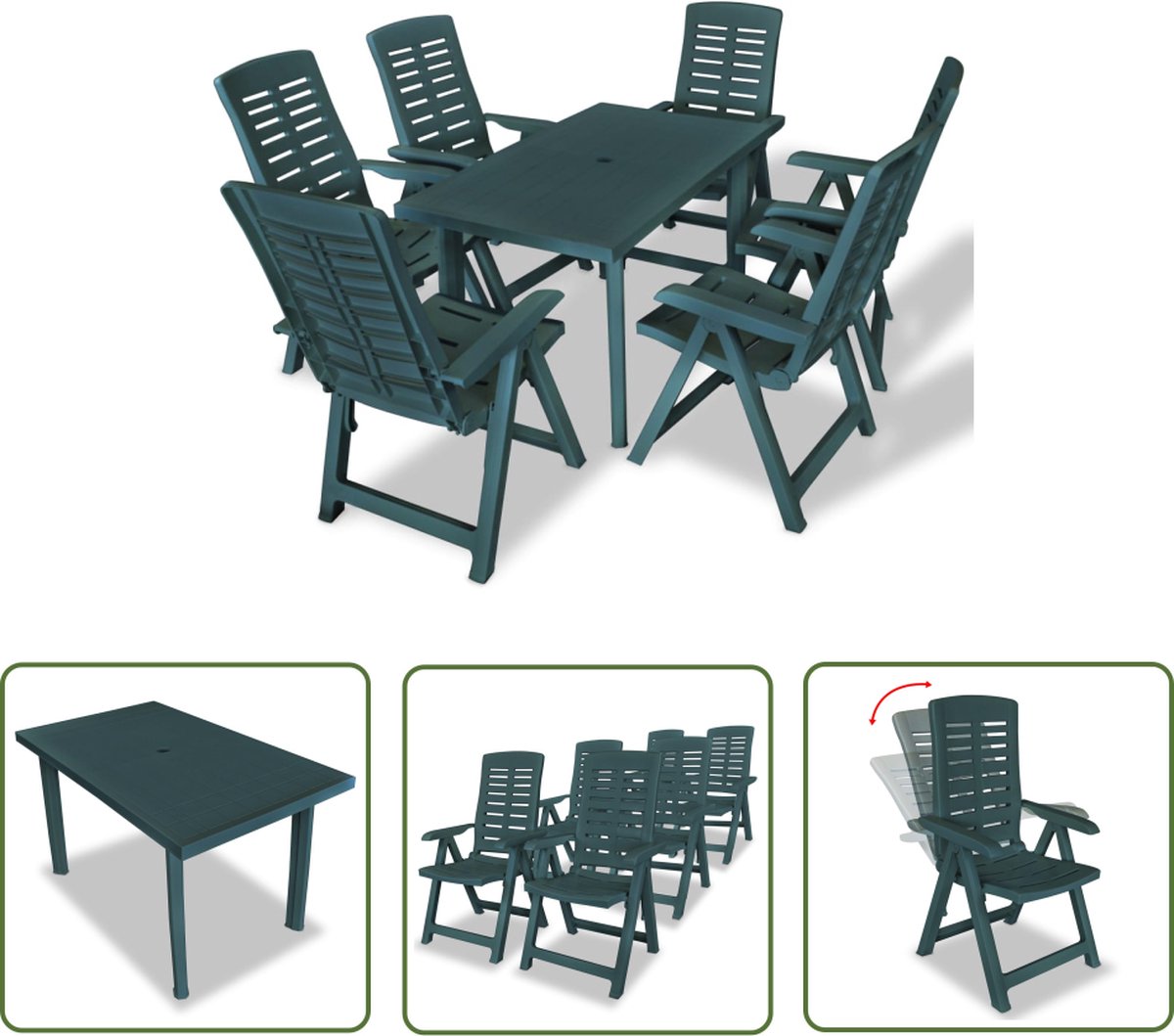 Groene kunststof tuinstoel met eettafel en lounge set - The Living Store.