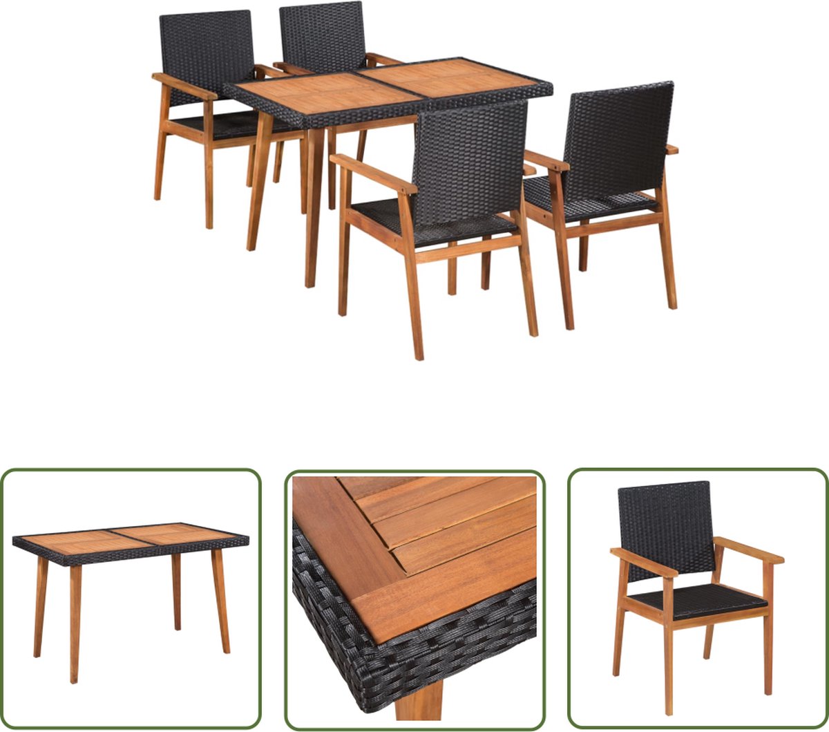 The Living Store 5-delige Tuinset poly rattan zwart en bruin - Tuinstoel - Eetkamerset - Outdoor Meubilair - Patio Set - Lounge Set