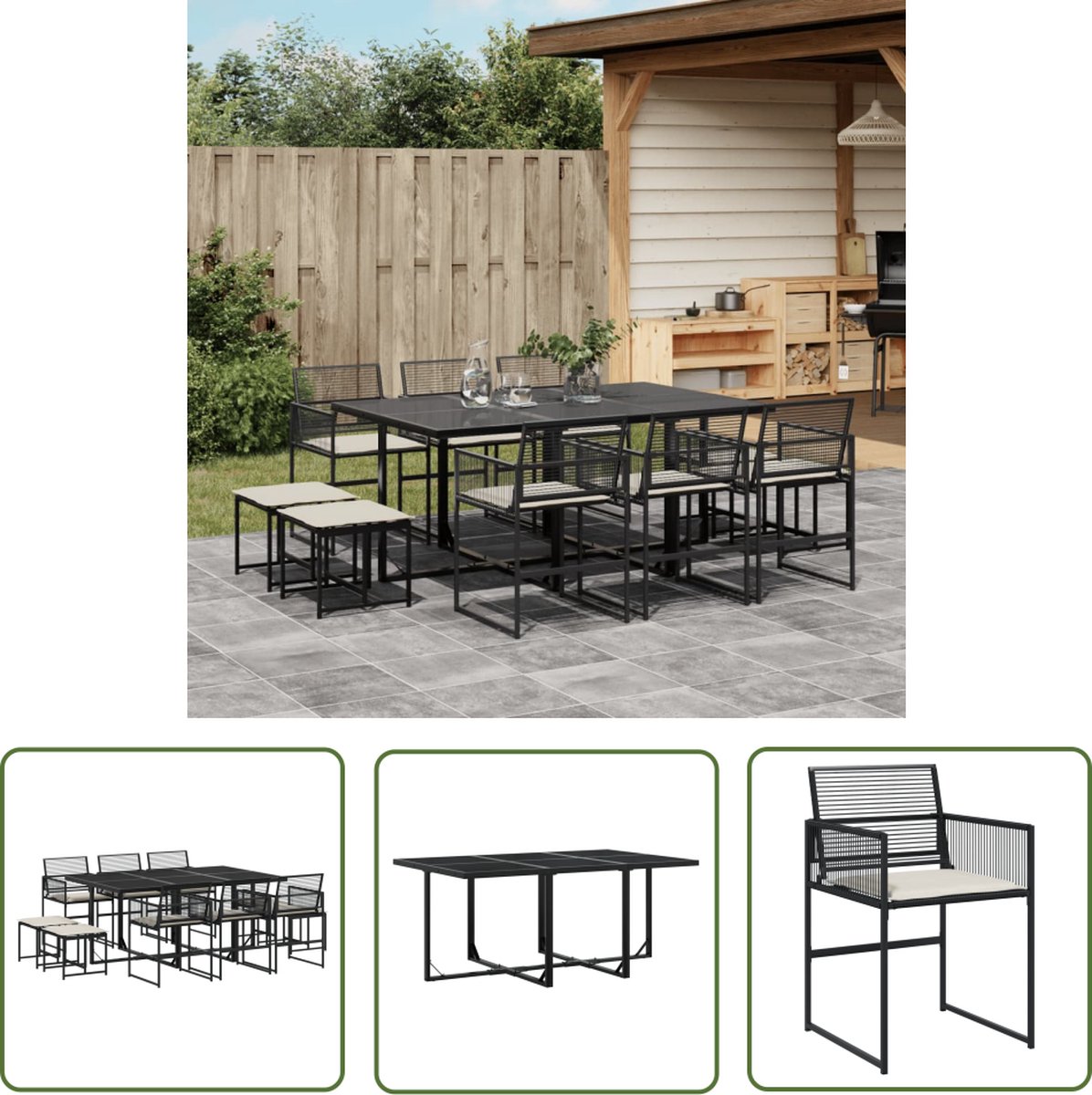 The Living Store 11-delige Tuinset met kussens poly rattan zwart - Tuinset - Eetkamerset - Outdoor Furniture - Patio Set - Lounge Set