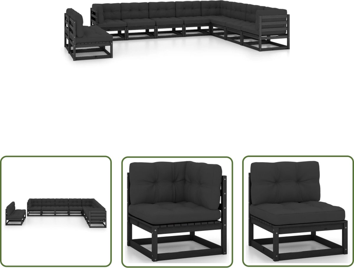 The Living Store 10-delige Loungeset met kussens massief grenenhout zwart - Loungeset - Tuinset - Houten Lounge - Tuinlounge - Buitendining