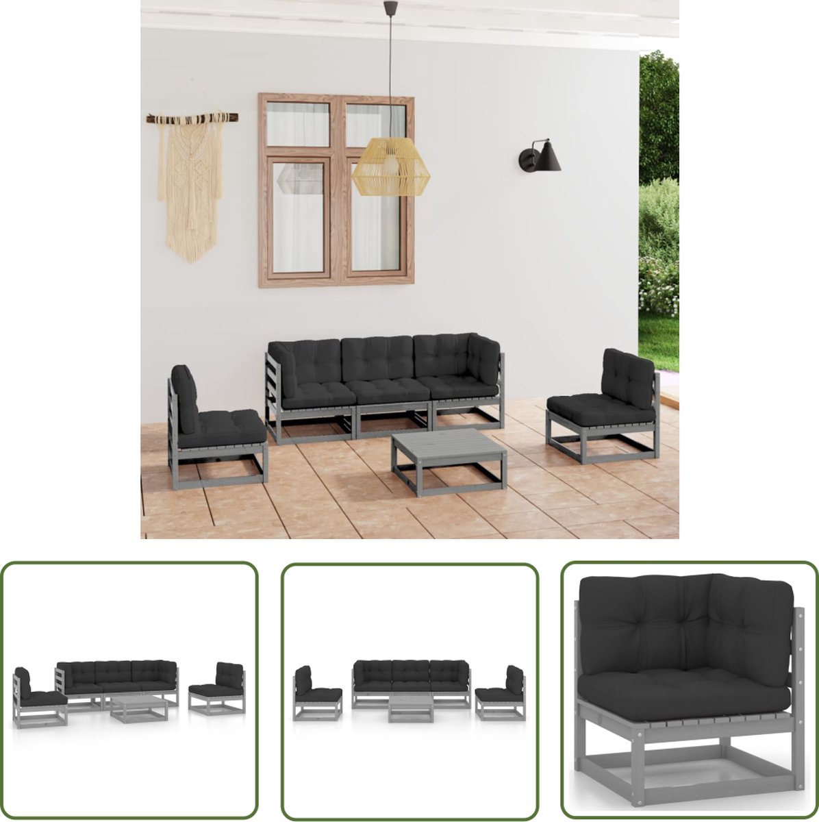 Massief grenenhouten loungeset met kussens en loungestoel - Tuinmeubelen - The Living Store