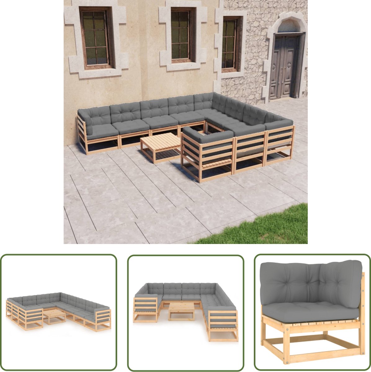 The Living Store 11-delige Loungeset met kussens massief grenenhout - Tuinlounge - Lounge Set - Houten Loungebank - Grenenhout - Buitendecoratie