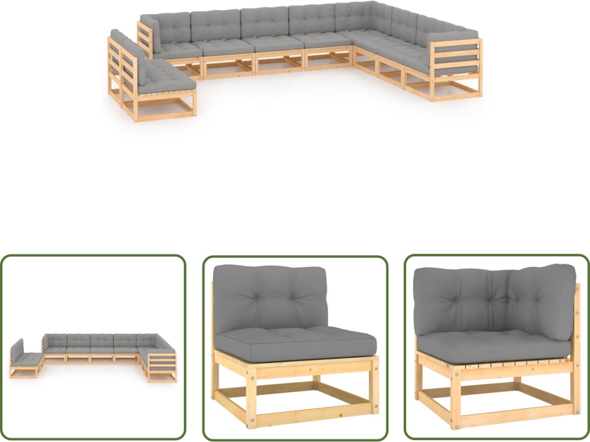 Tuinmeubelset van massief grenenhout met kussens in natuurlijke tinten.