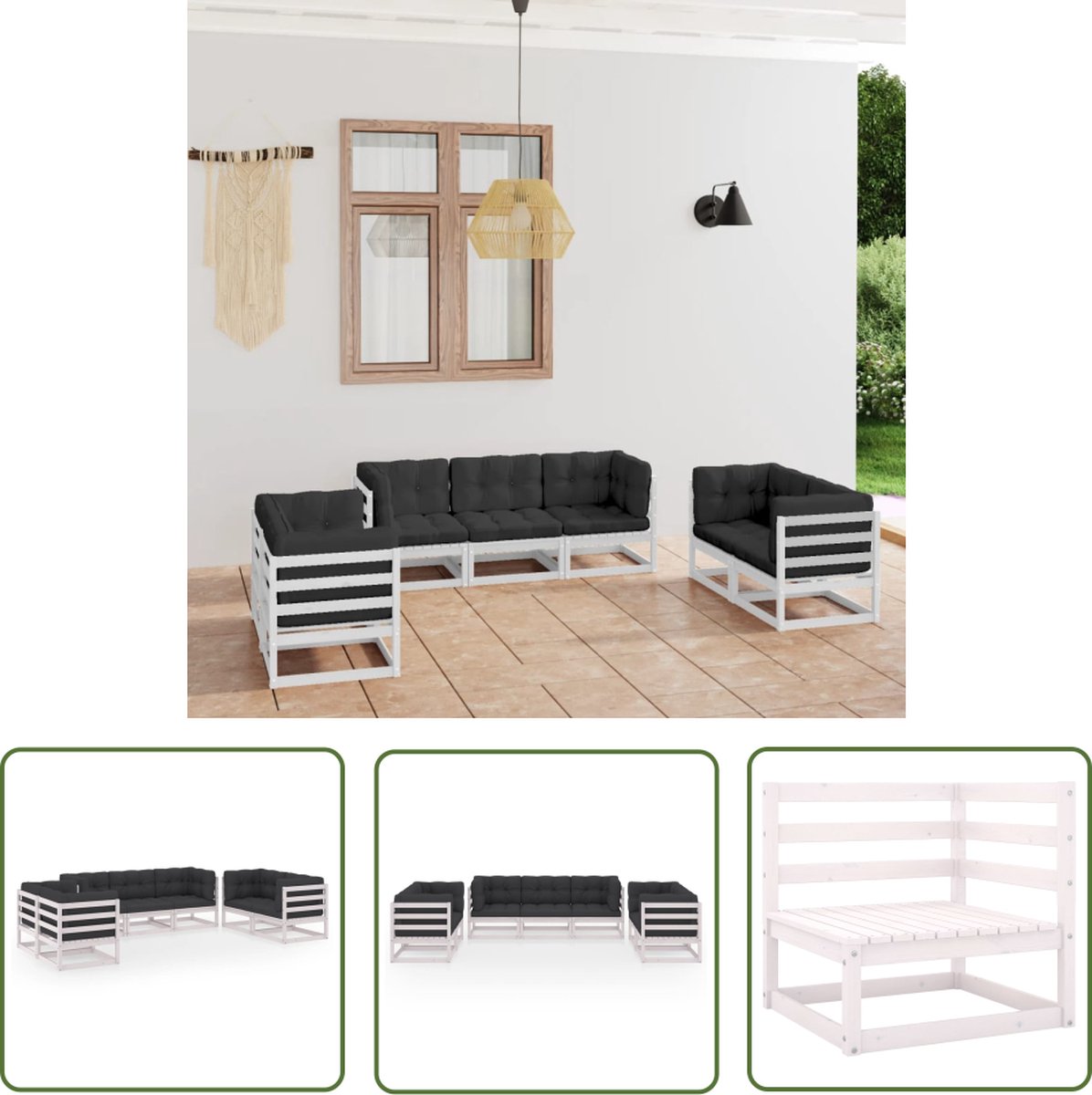 The Living Store 7-delige Loungeset met kussens massief grenenhout - Tuinlounge - Lounge Set - Buitenkamer - Houten Bank - Hoeksofa