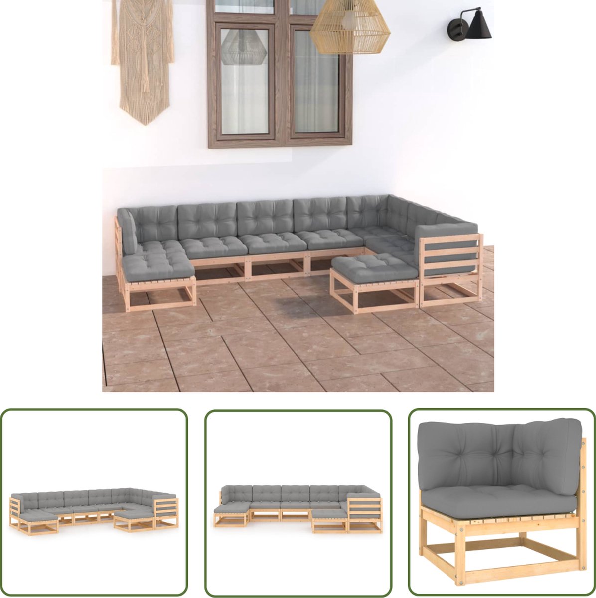 Massief grenenhouten loungeset met kussens en tuindecoratie.