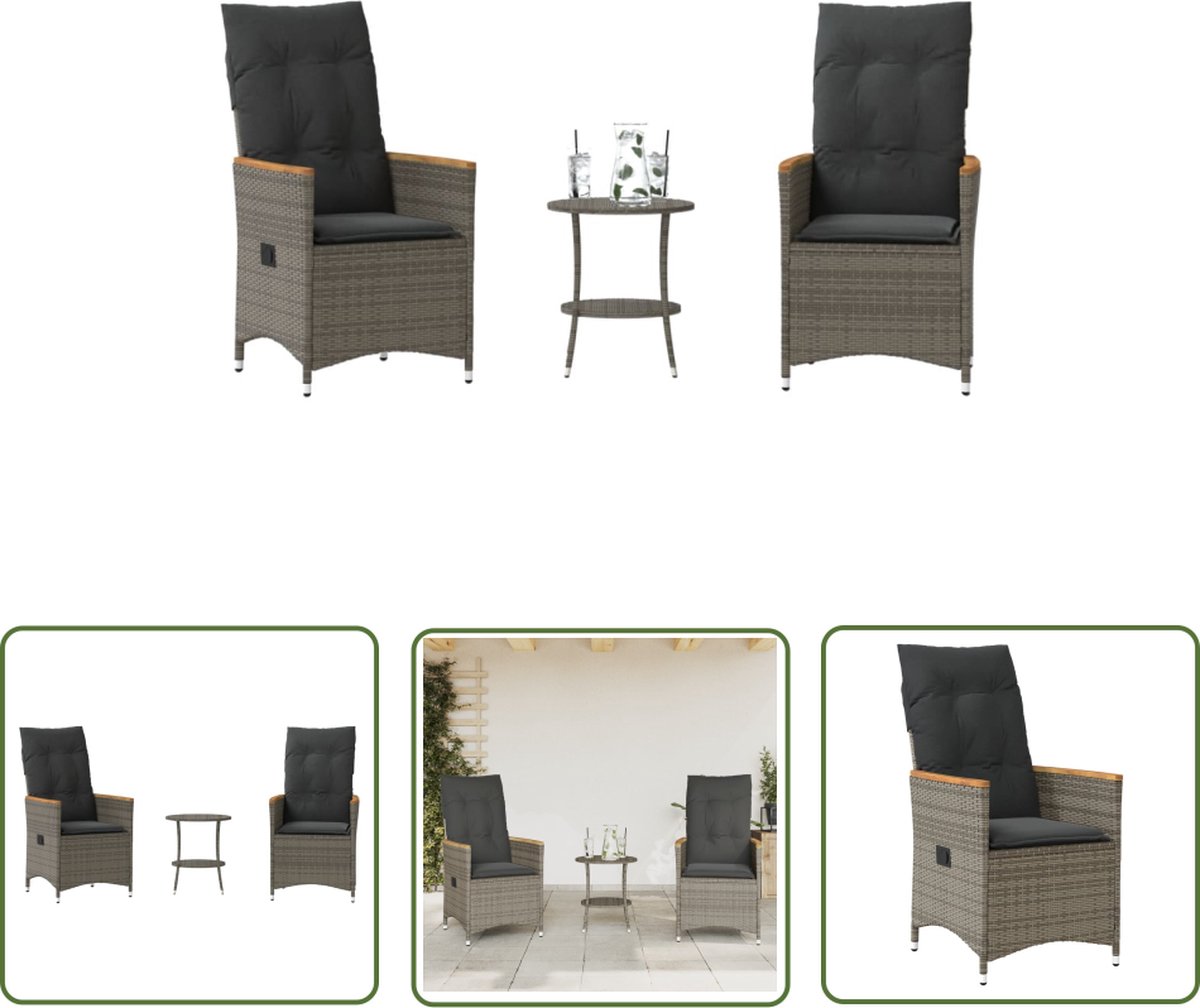 The Living Store 3-delige Bistroset met kussens poly rattan grijs - Tuinstoel - Bistroset - Lounge Set - Buitentijd - Relaxen The Living Store 3-delige Bistroset met kussens poly rattan grijs - Tuinstoel - Bistroset - Lounge Set - Buitentijd - Relaxen - Image 1