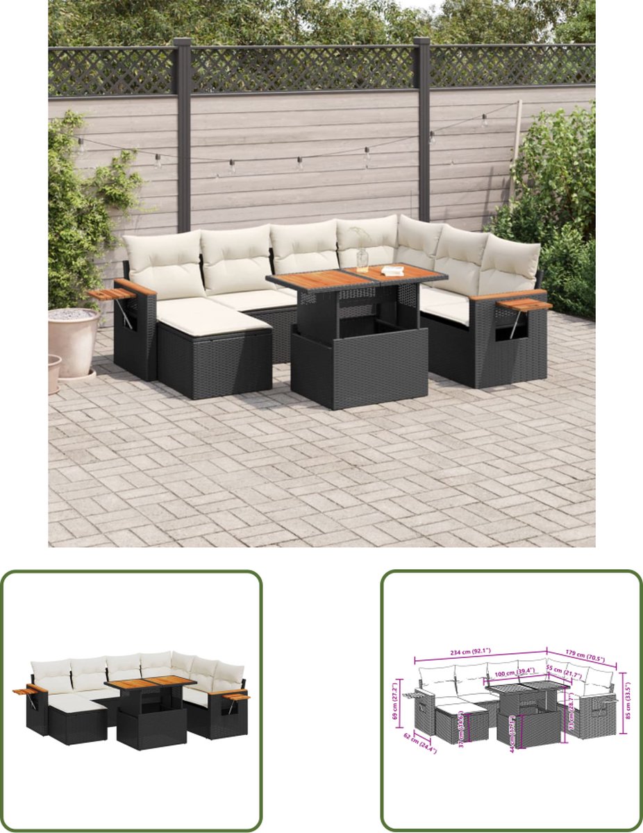 The Living Store 8-delige Loungeset met kussens poly rattan zwart - Loungeset - Tuinset - Lounge Set - PE Rattan - Zwarte Loungebank