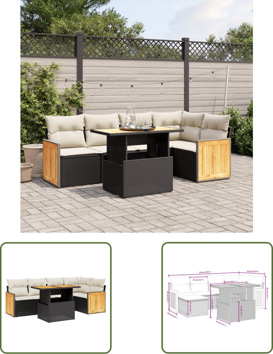 Tuin Loungeset zwart poly rattan met kussens - The Living Store
