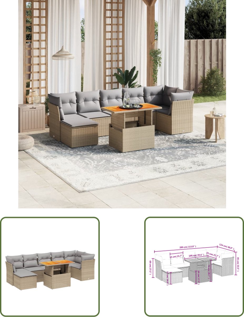 The Living Store 8-delige Loungeset met kussens poly rattan beige - Loungebank - Lounge Set - Buitendecoratie - Tuinstoel - Loungestoel