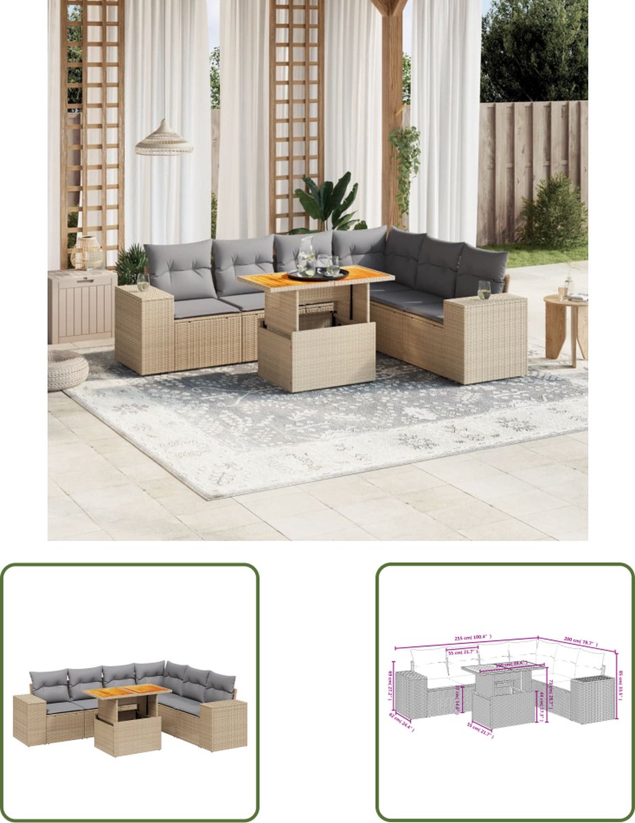 Poly rattan beige loungeset met kussens voor tuin en terras - The Living Store.