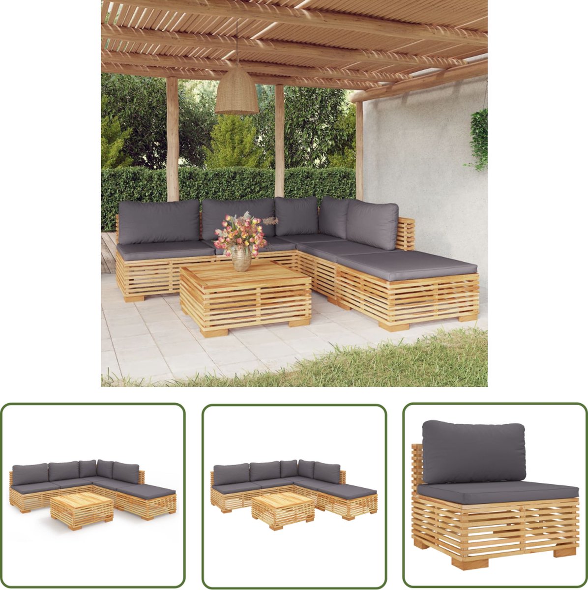 The Living Store 6-delige Loungeset met kussens massief teakhout - Loungeset - Teak Lounge - Tuinset - Buitendecoratie - Tuinstoel