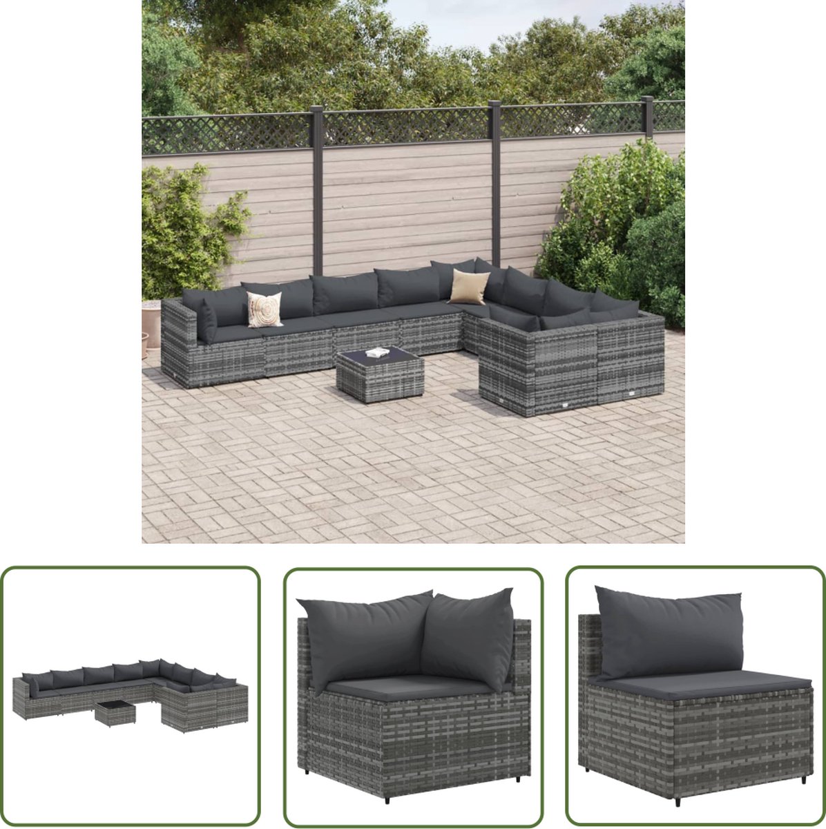The Living Store 10-delige Loungeset met kussens poly rattan grijs - Loungeset - Tuinlounge - Buitendining - Loungehoek - Loungebank